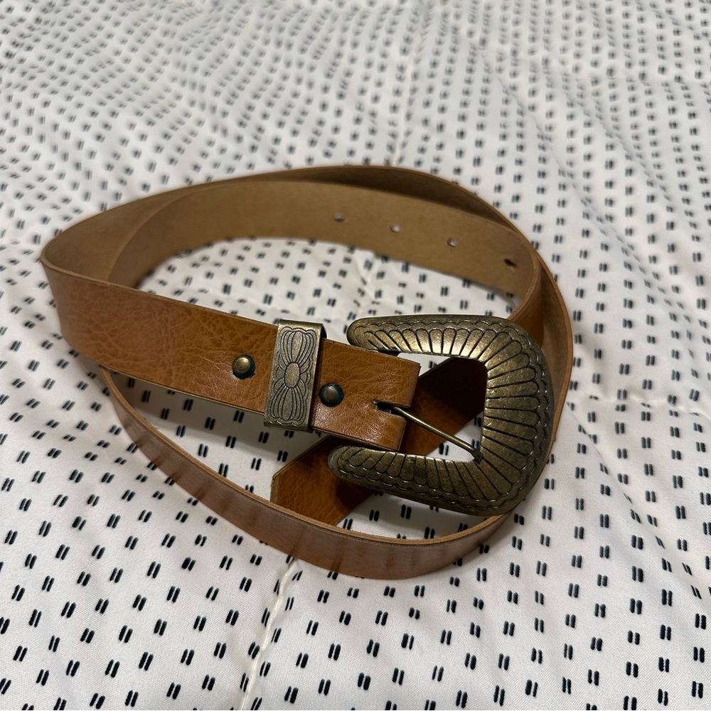 Brown Faux Leather Belt with Brass Buckle